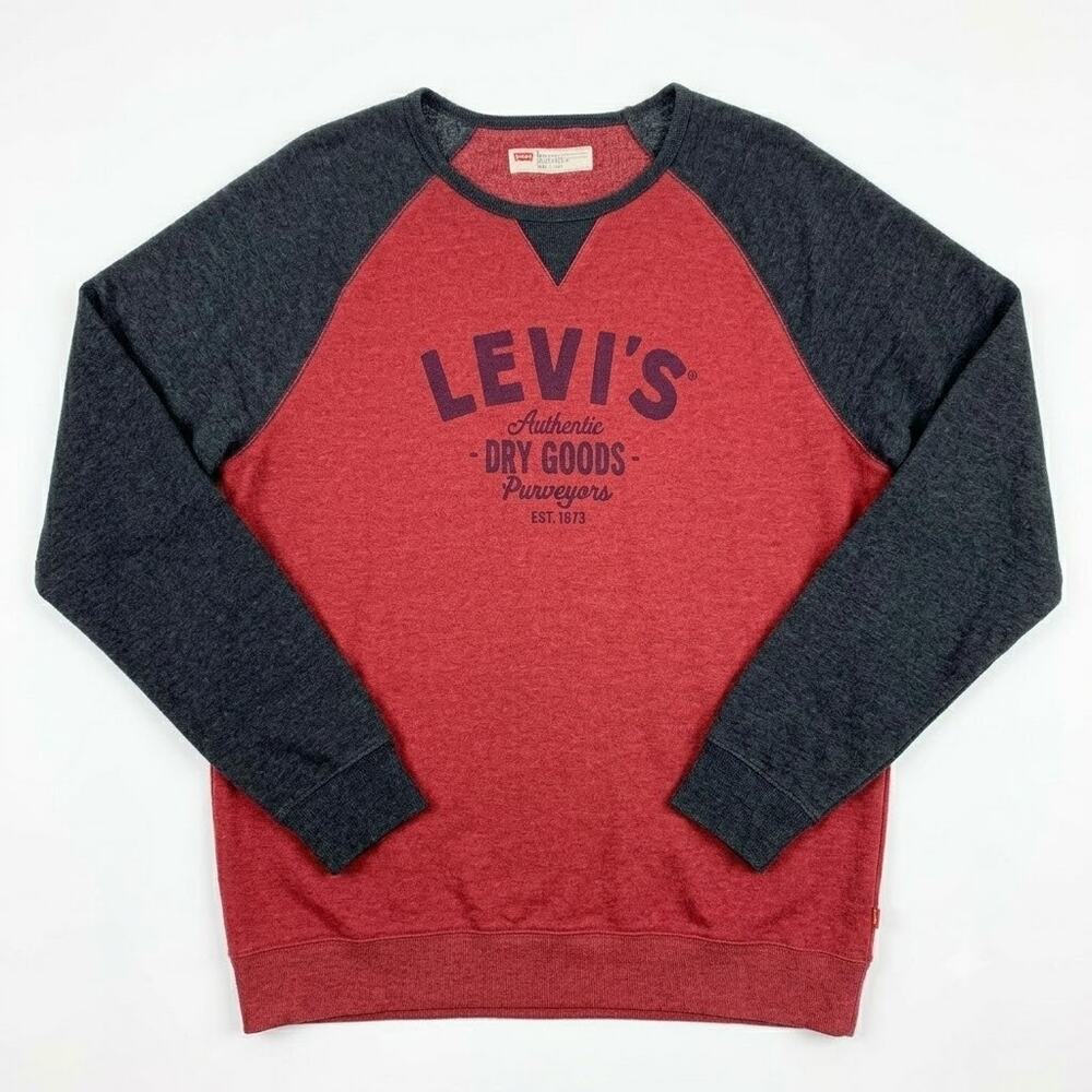 Levis Logo Crew Raglan Sweatshirt Red Gray Standard Fit Casual Lounge Mens XL